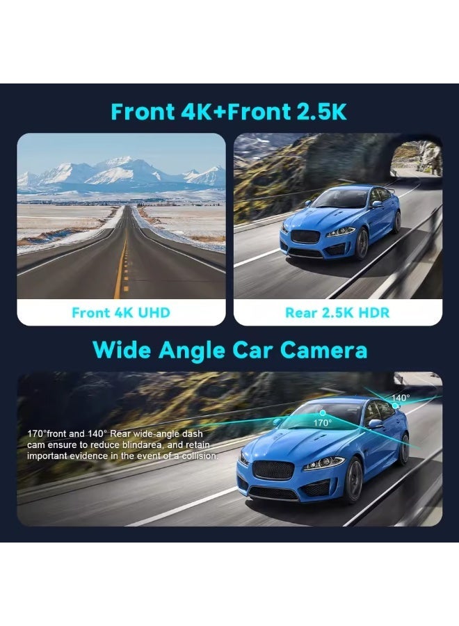 4K+2.5K Dash Cam Front and Rear,  64GB Card, Dual Dash Camera , ADAS,G-Sensor,HDR WDR,  GPS, WiFi , 24H Parking Mode, 3.2 Screen - Image 3