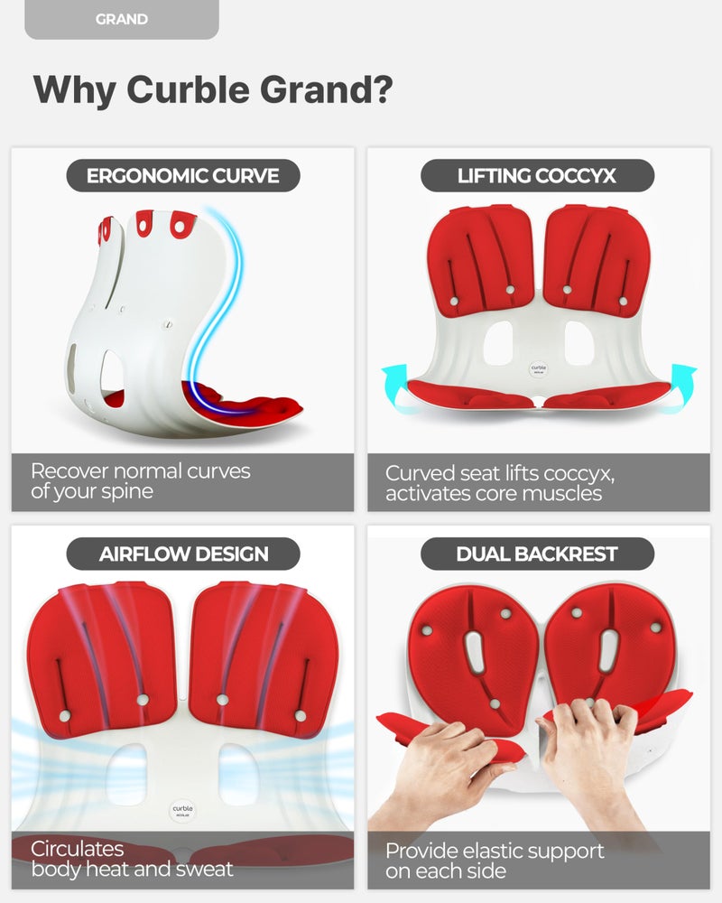 curble Grand(Extra Wide & Sturdy) â€“ Ergonomic Back and Lumbar Support for Good Posture Correction and Back Pain Relief, Perfect for Office, Floor Seat, and Work from Home, Patented (Red) - Image 4