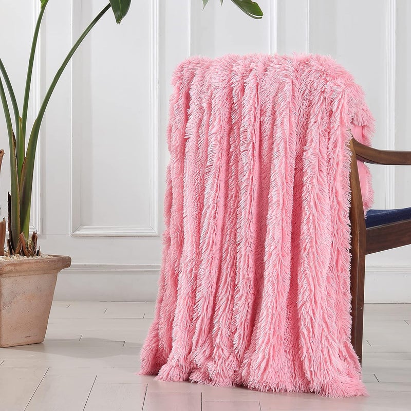 Tuddrom Decorative Extra Soft Faux Fur Blanket Twin Size 70" x 78",Solid Reversible Fuzzy Long Hair Shaggy Blanket,Fluffy Cozy Plush Fleece Comfy Microfiber Fur Blanket for Couch Sofa Bed,Pink - Image 5