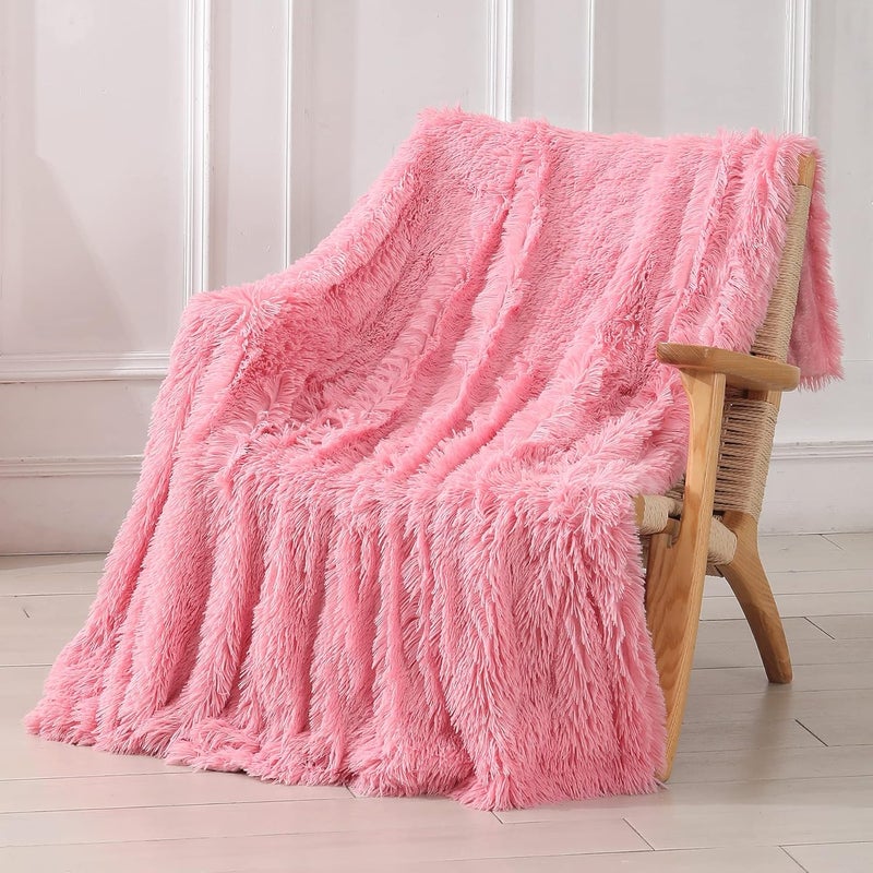 Tuddrom Decorative Extra Soft Faux Fur Blanket Twin Size 70" x 78",Solid Reversible Fuzzy Long Hair Shaggy Blanket,Fluffy Cozy Plush Fleece Comfy Microfiber Fur Blanket for Couch Sofa Bed,Pink - Image 1