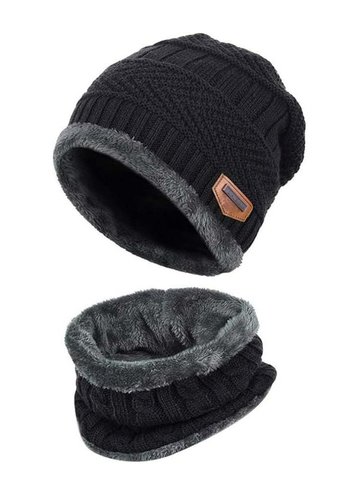 Oasisgalore Kids Winter Knitted Beanie Hat and Scarf Set, for boys girls for 5-14 Years Old,Black  - Image 1