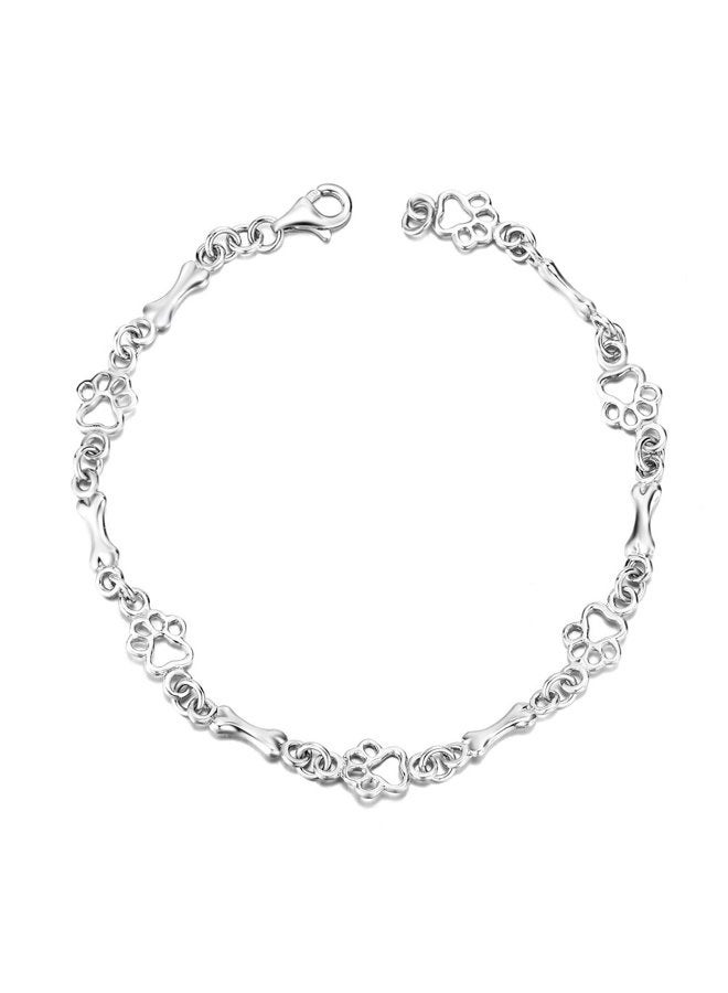 LUHE Paw Print Bracelet Sterling Silver Cute Dog Bone Paw Bracelets for Women Girls, 7.5" - Image 1