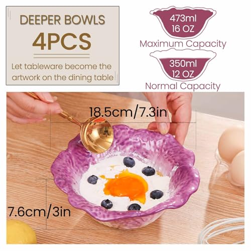 KXZ Purple Ramen Noodle Bowls Microwavable 7 Inch, 16 Oz Ceramic Dinner Bowl Sets of 4 for Kitchen, Orcelain Silverware Set for Cereal, Soup, Serving, Rice, Pho, Salad, Pasta, Chip, Fruits, Vintage - Image 2