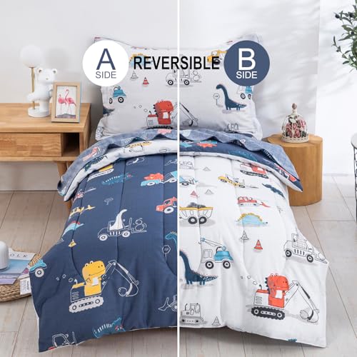 DJY 4 Pieces Cotton Toddler Bedding Set, Dinosaur Cars Reversible Toddler Bed Comforter Set for Kids Boys Girls, Includes Quilted Comforter, Flat Sheet, Fitted Sheet and Pillowcase - Image 2