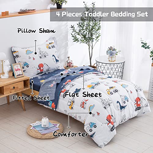 DJY 4 Pieces Cotton Toddler Bedding Set, Dinosaur Cars Reversible Toddler Bed Comforter Set for Kids Boys Girls, Includes Quilted Comforter, Flat Sheet, Fitted Sheet and Pillowcase - Image 3
