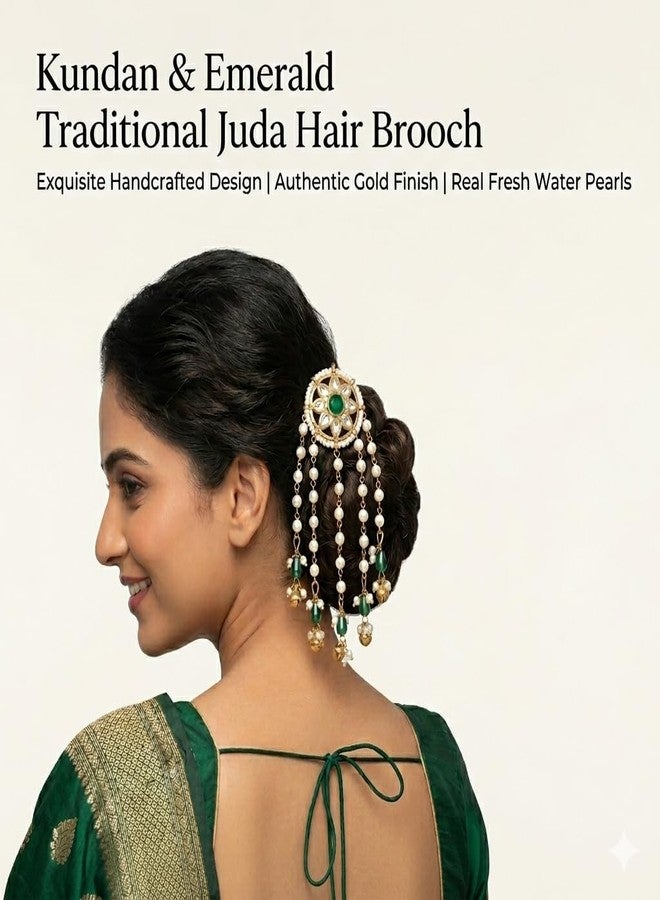 DHANABAPA Bridal Hair Clip Juda Pin for Women, Pearl & Green Stone Kundan Hair Accessory, Indian Wedding Hair Jewellery for Bride, Festive Ethnic Hair Brooch - Image 3