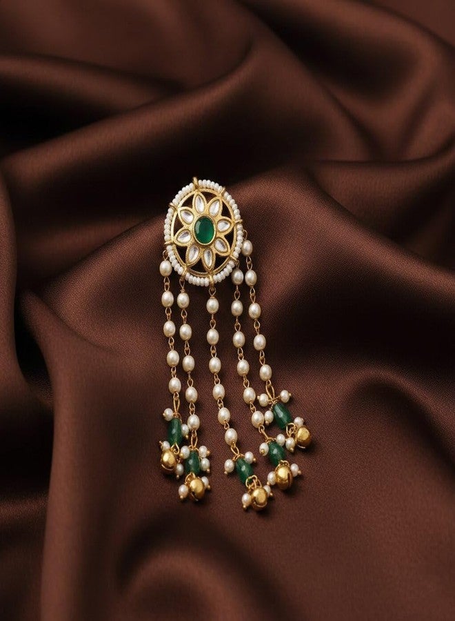 DHANABAPA Bridal Hair Clip Juda Pin for Women, Pearl & Green Stone Kundan Hair Accessory, Indian Wedding Hair Jewellery for Bride, Festive Ethnic Hair Brooch - Image 1