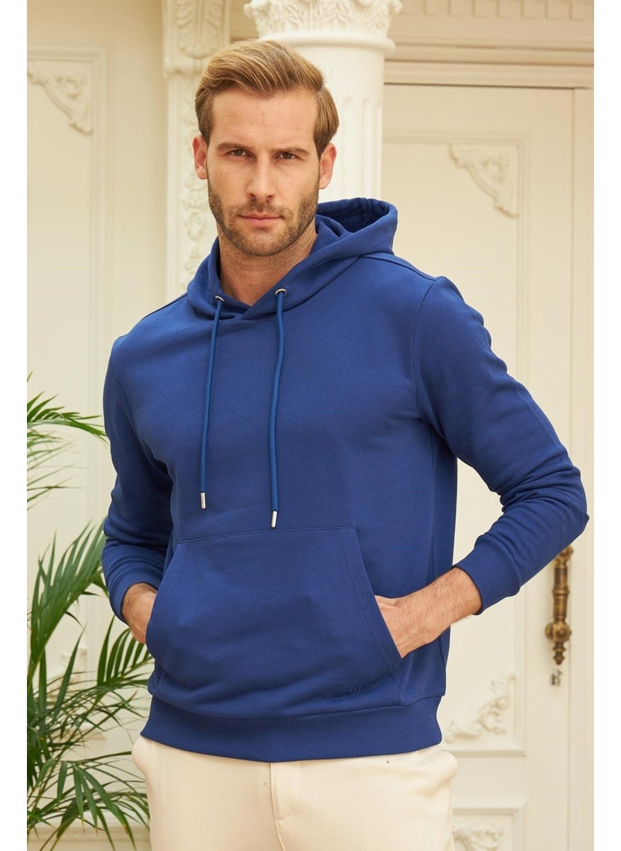 Odelon Men's Hooded Comfort Fit Plain Sweatshirt Blue  - Image 3