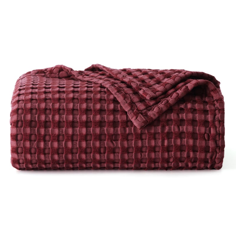 Bedsure Cooling Cotton Waffle Weave Blanket - Lightweight Breathable Blanket of Rayon Derived from Bamboo for Hot Sleepers, Luxury Throws for Bed, Couch and Sofa, Burgundy, 50x70 Inches - Image 1