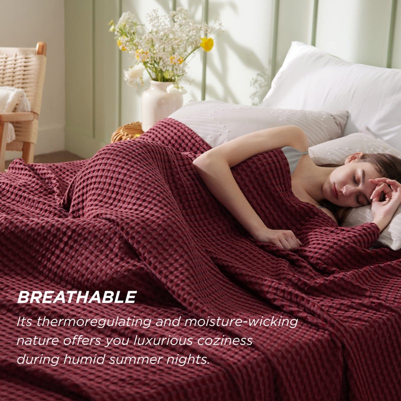 Bedsure Cooling Cotton Waffle Weave Blanket - Lightweight Breathable Blanket of Rayon Derived from Bamboo for Hot Sleepers, Luxury Throws for Bed, Couch and Sofa, Burgundy, 50x70 Inches - Image 5