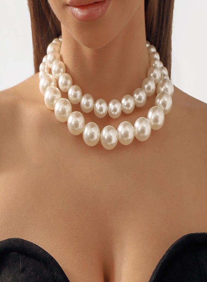 ACEDRE Pearl Choker Necklace White 1920s Layered Vintage Necklaces Short Chunky 2 pcs Neck Chain for Women - Image 3