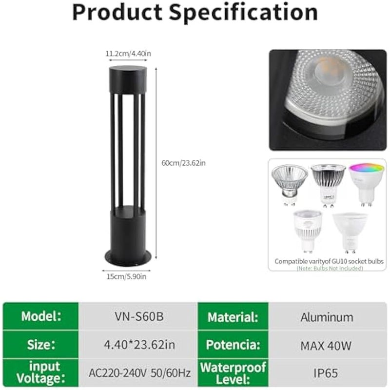 الخامس لطيفة عمود اضاءة خارجي مقاوم للماء بتصنيف IP65 لمقاومة المياه والغبار من في نايس، عمود اضاءة من الالومنيوم مع مقبس GU10، خيارات 11.81/23.62/31.5 انش، بحد اقصى 40 واط، للفناء والممر (المصابيح غير متضمنة) - Image 2
