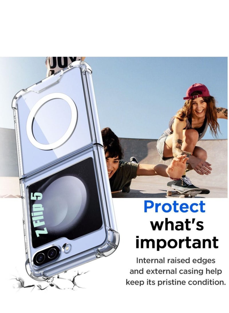 Captaintech Clear Case, for Samsung Galaxy Z Flip 5 Clear Case Compatible with MagSafe, Slim Fit Crystal Clear Hard PC & Soft TPU Bumper Cover Transparent Skin Corners Rubber Shockproof - Image 4