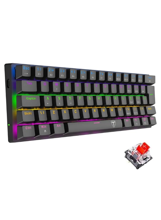 تي-داجر لوحة مفاتيح الألعاب الميكانيكية Arena TGK321 بنسبة 60%، 61 مفتاحًا بمفاتيح حمراء وإضاءة خلفية RGB بألوان قوس قزح، لوحة مفاتيح سلكية صغيرة الحجم بمنفذ USB من النوع C، أغطية مفاتيح مزدوجة الطبقة، تصميم مفاتيح عائمة، متانة تصل إلى 50 مليون ضغطة، لون أسود - Image 1