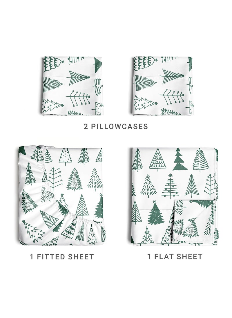 King Christmas Tree Sheet Set - Holiday Xmas Pattern Linen Set - Deep Pockets - Snug Fit - 4 Piece - Wrinkle Free - Comfy & Cooling Festive Winter Bedding - Easy To Care For - Kid Friendly