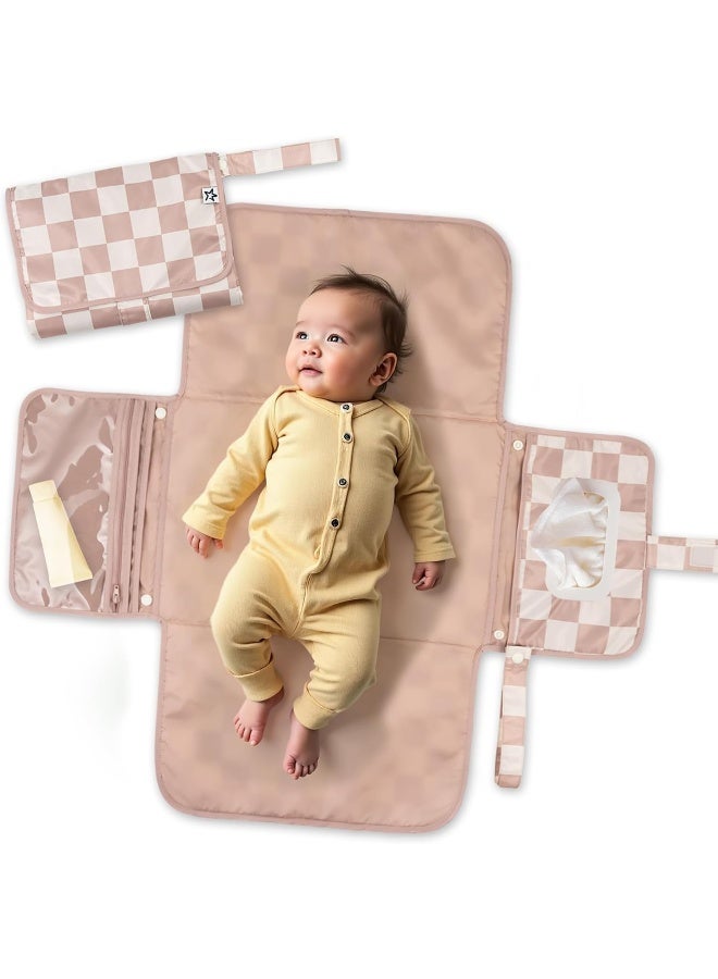 Tiny Twinkle Portable Diaper Changing Pad, Foldable Waterproof Baby Change Pad for Newborn Girl & Boy with Smart Wipes Pocket (Beige Checkers) - Image 1