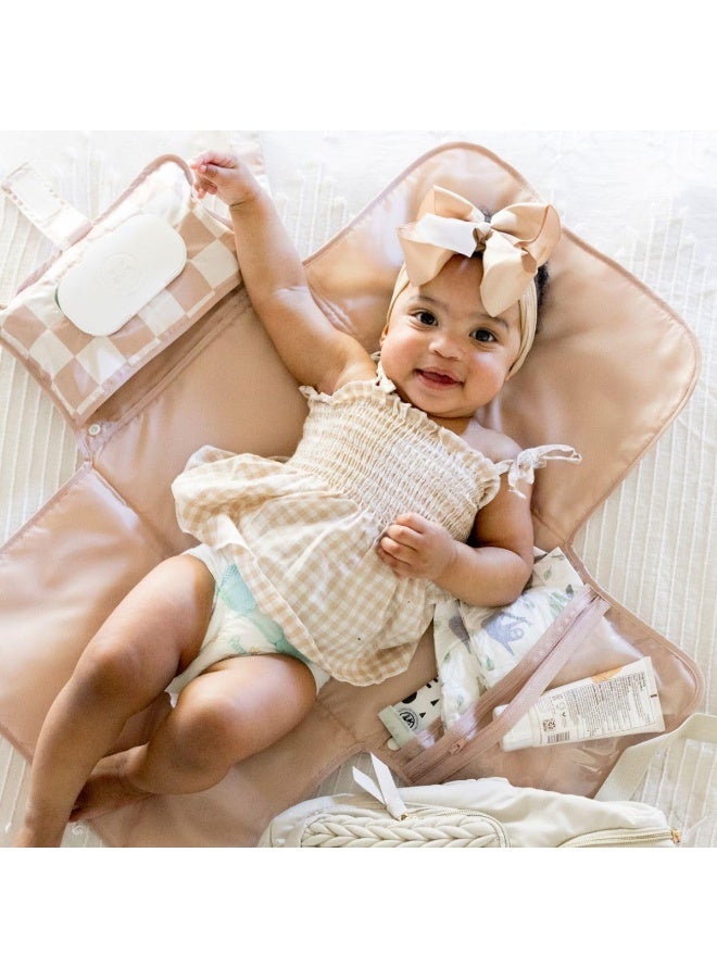 Tiny Twinkle Portable Diaper Changing Pad, Foldable Waterproof Baby Change Pad for Newborn Girl & Boy with Smart Wipes Pocket (Beige Checkers) - Image 3