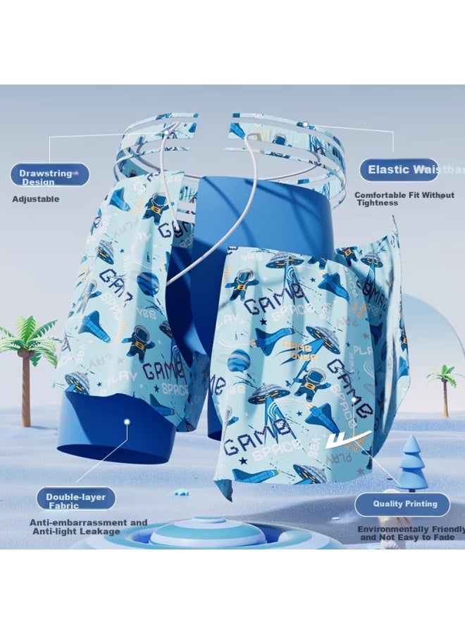 Pull Back Huanli Boys' Quick Dry Swim Trunks Double-layer Anti-embarrassment Swimwear For Big Kids 54015 Blue 100 - Image 2