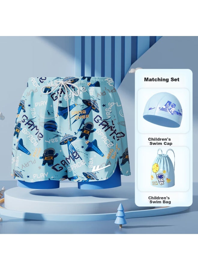Pull Back Huanli Boys' Quick Dry Swim Trunks Double-layer Anti-embarrassment Swimwear For Big Kids 54015 Blue 100 - Image 1