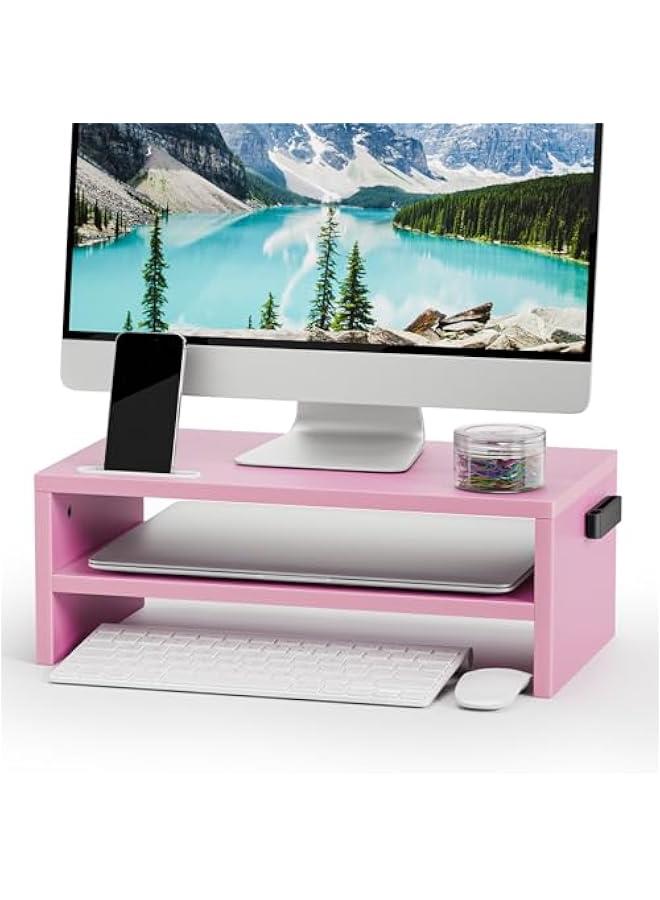 Arabest Monitor Stand Riser, 16.5 Inch 2 Tier Computer Printer Shelf Stand for Laptop Computer Screen Storage, Desktop Stand with Phone Holder and Cable Management (Pink)  - Image 1