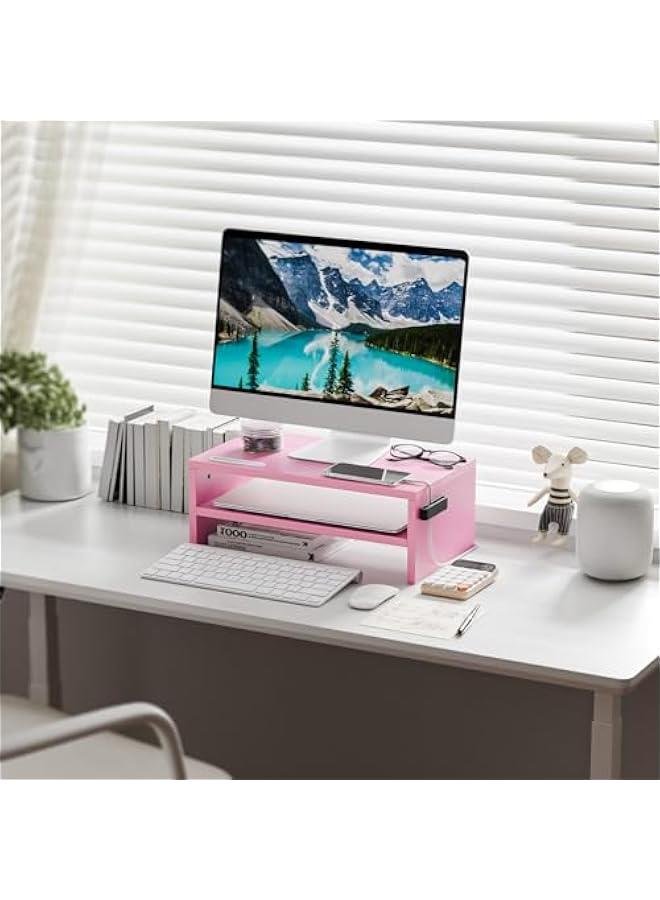Arabest Monitor Stand Riser, 16.5 Inch 2 Tier Computer Printer Shelf Stand for Laptop Computer Screen Storage, Desktop Stand with Phone Holder and Cable Management (Pink)  - Image 2