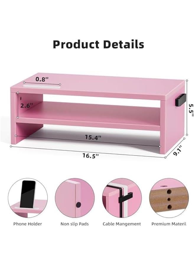 Arabest Monitor Stand Riser, 16.5 Inch 2 Tier Computer Printer Shelf Stand for Laptop Computer Screen Storage, Desktop Stand with Phone Holder and Cable Management (Pink)  - Image 3