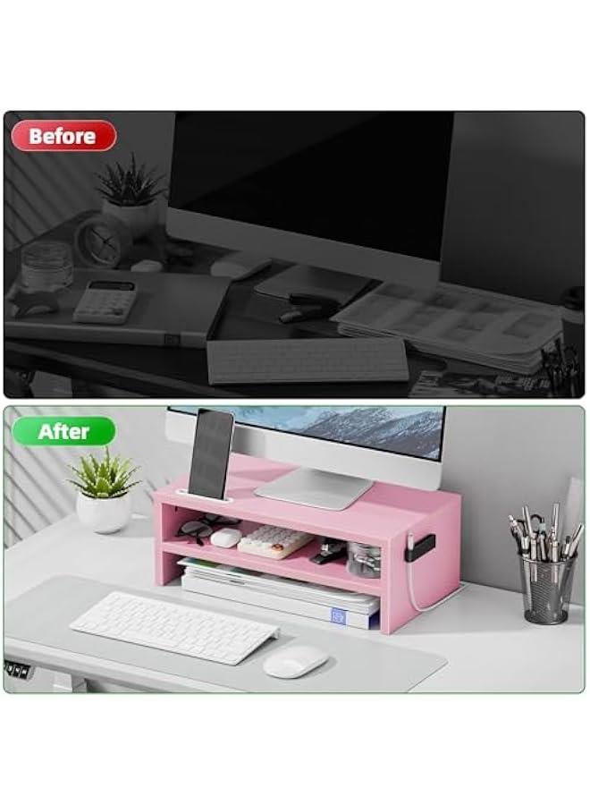 Arabest Monitor Stand Riser, 16.5 Inch 2 Tier Computer Printer Shelf Stand for Laptop Computer Screen Storage, Desktop Stand with Phone Holder and Cable Management (Pink)  - Image 4