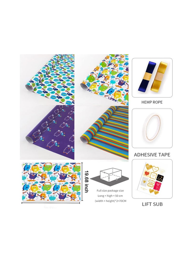 Colorful Recycled Birthday Wrapping Paper Set - 4 Sheets (50 x 70cm) with Stickers & Silk Ribbon, Perfect for Kids, Women, Men, and All Birthday Occasions. - Image 2