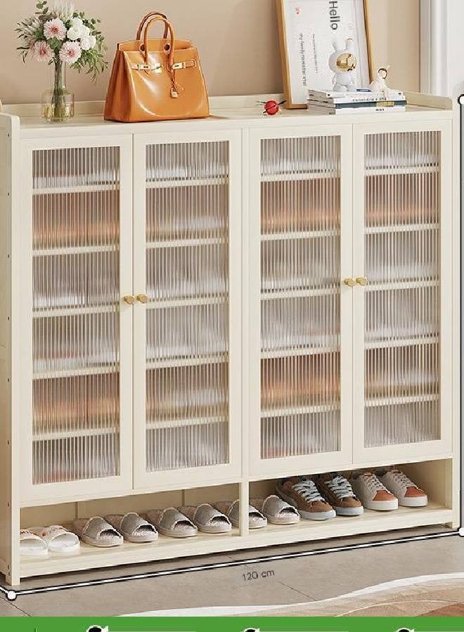 NKX Spacious 8 Tier 4 Door Shoe Cabinet with Clear Ribbed Panels & Open Base Beige 120x32x107cm  - Image 1