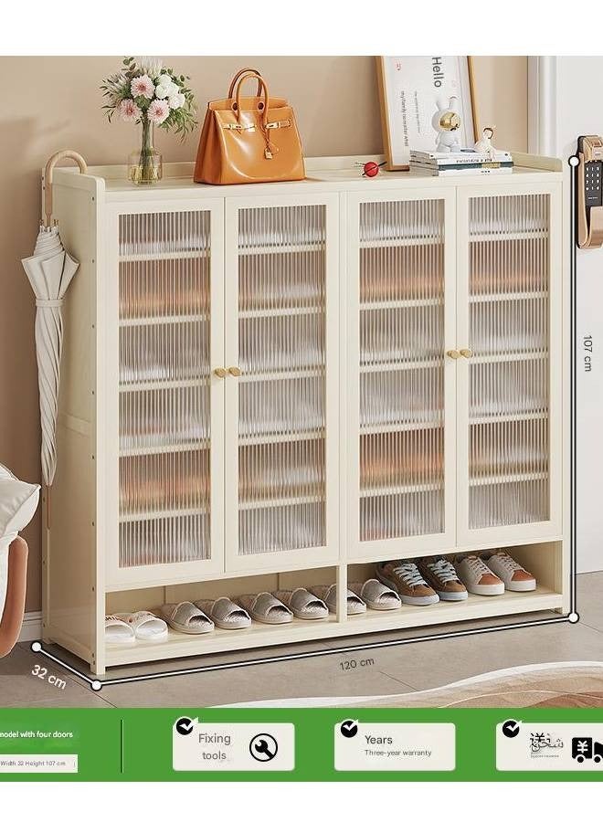 NKX Spacious 8 Tier 4 Door Shoe Cabinet with Clear Ribbed Panels & Open Base Beige 120x32x107cm  - Image 2