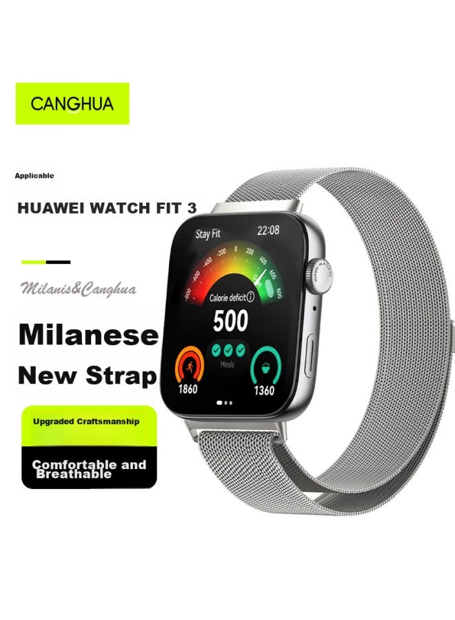 Canghua متوافق مع Huawei Watch Fit3 سوار Milanese Loop، Huawei Watch Fit3 معصم مشبك معدني مغناطيسي - Image 1