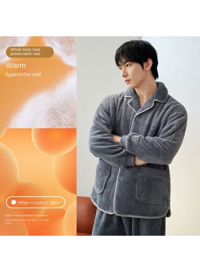 HLA Double-sided Coral Fleece】men's Pajamas Autumn And Winter Style, Fleece-lined And Thickened, Warm Home Wear, Casual Set Suitable For Outdoor Wear - Image 4