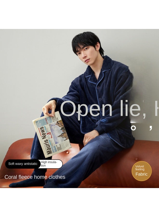 HLA Double-sided Coral Fleece】men's Pajamas Autumn And Winter Style, Fleece-lined And Thickened, Warm Home Wear, Casual Set Suitable For Outdoor Wear - Image 1