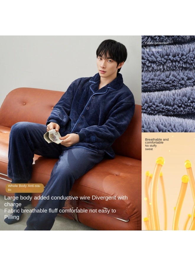 HLA Double-sided Coral Fleece】men's Pajamas Autumn And Winter Style, Fleece-lined And Thickened, Warm Home Wear, Casual Set Suitable For Outdoor Wear - Image 5