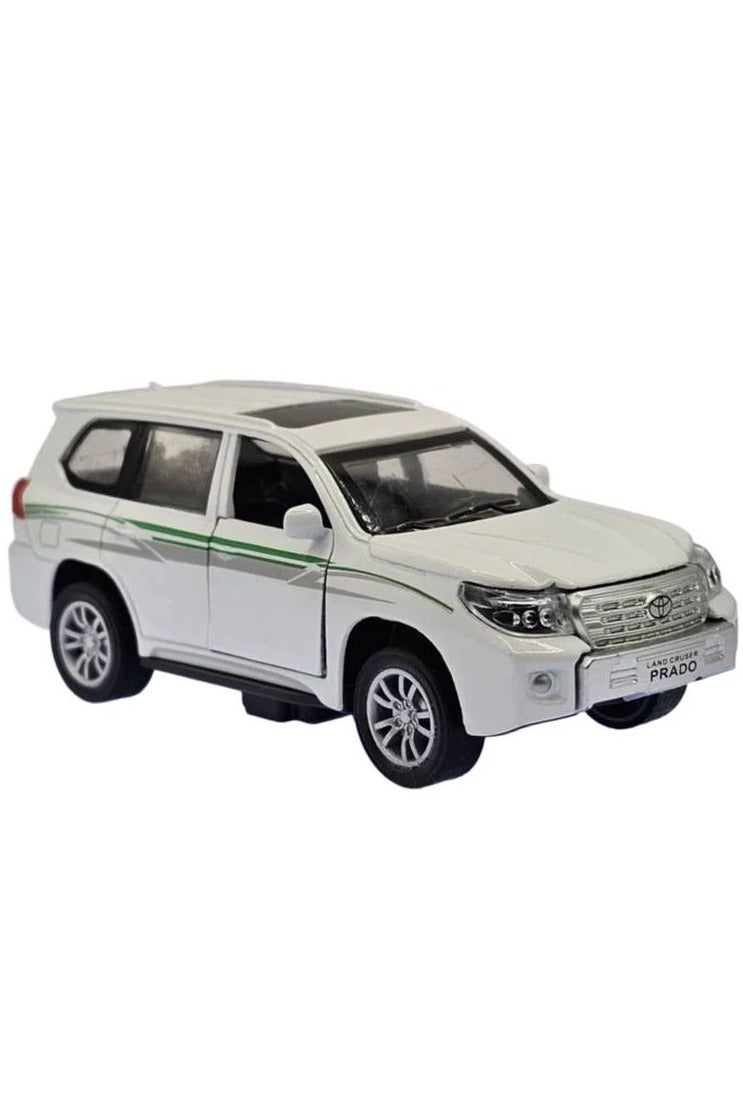 داي كاست نموذج سيارة تويوتا برادو الرياضية متعددة الاستخدامات مصبوب بمقياس 1/46 مع أضواء وصوت - سيارة نموذجية من سبائك معدنية مصبوبة - أبواب أمامية مفتوحة - مقاس تقريبي 12.7 سم (بدون علبة - أبيض) - Image 1