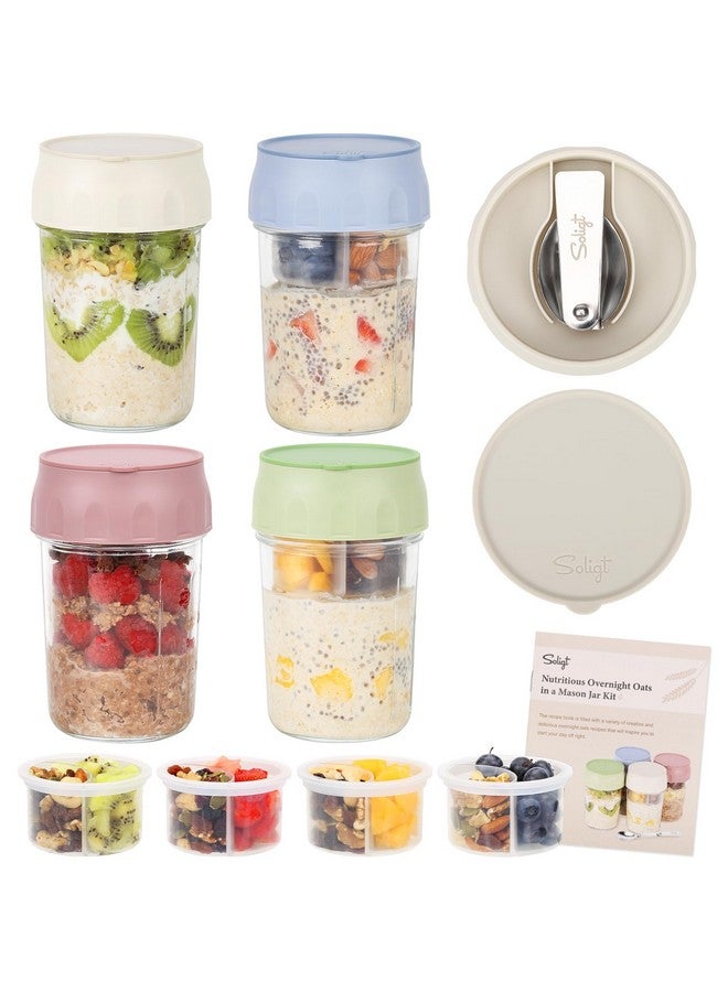 وليجيت مجموعة من 4 عبوات شوفان ليلية من SOLIGT مع أغطية وملاعق قابلة للطي وحجرات مقسمة للفواكه والمكسرات، برطمانات زجاجية صغيرة سعة 16 أونصة لدقيق الشوفان (مجموعة من 4 ألوان - شوفان أبيض/أخضر/وردي/أزرق) - Image 1