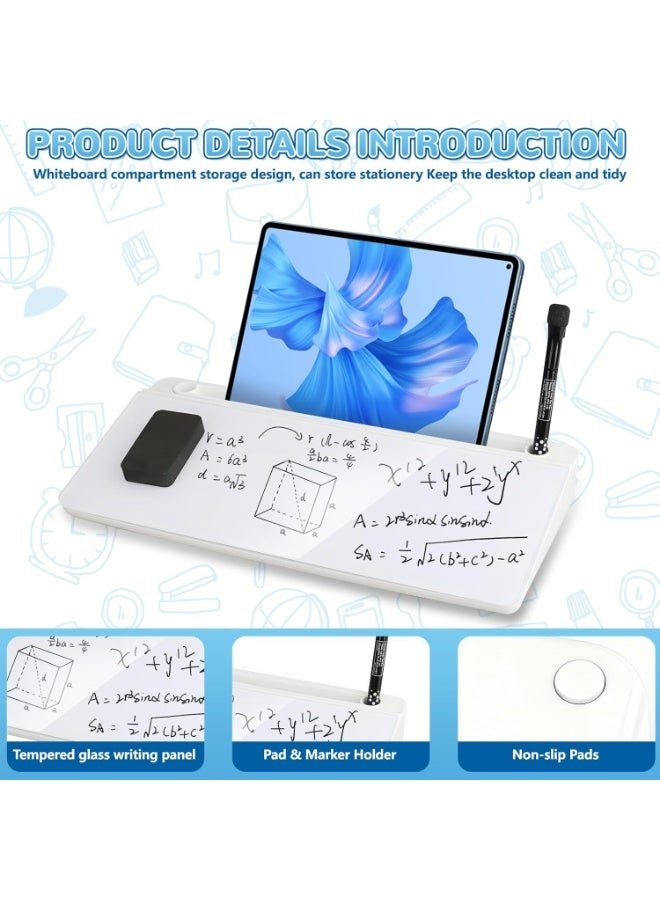ROUNY Small Glass Desktop Whiteboard Dry Erase Board, Computer Keyboard Stand Whiteboard Surface Pad With Drawers, Desktop Organizer And Accessories For Office, Home, And School Supplies(White) - Image 3