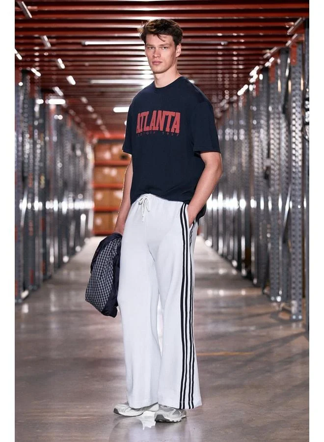 GRIMELANGE BEZIERS Men's Organic Cotton Contrast Piped Regular Fit White Sweatpants.