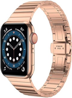 Strap Band For Apple Watch ( 45mm Series 7 ) 44mm / 42mm Series 1/2/3/4/6/SE Solid Stainless Steel Adjustable Link Band With Butterfly Metal Clasp Replacement Bracelet Compatible with - Rose Gold