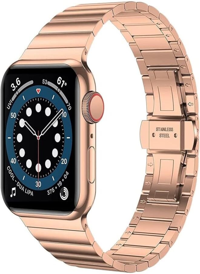 Generic - Strap Band For Apple Watch ( 45mm Series 7 ) 44mm / 42mm Series 1/2/3/4/6/SE Solid Stainless Steel Adjustable Link Band With Butterfly Metal Clasp Replacement Bracelet Compatible with - Rose Gold - Image 1