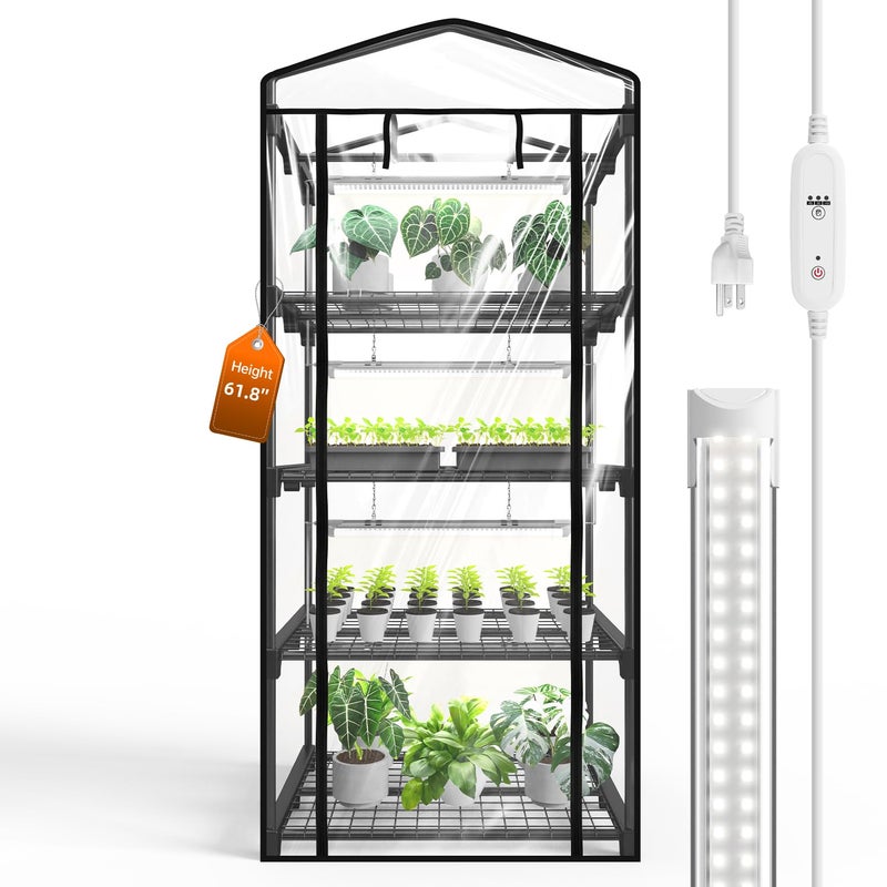 Bstrip Indoor Greenhouse with Grow Light, Mini Green House with 4 Pack 20W Full Spectrum Plant Lights with Timer, Plant Shelf with Tent for Indoor Plant, Seed Starting, Seed Tray, 27.2"x19.9"x61.8" - Image 1