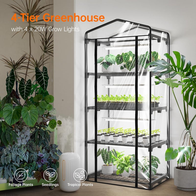 Bstrip Indoor Greenhouse with Grow Light, Mini Green House with 4 Pack 20W Full Spectrum Plant Lights with Timer, Plant Shelf with Tent for Indoor Plant, Seed Starting, Seed Tray, 27.2"x19.9"x61.8" - Image 2