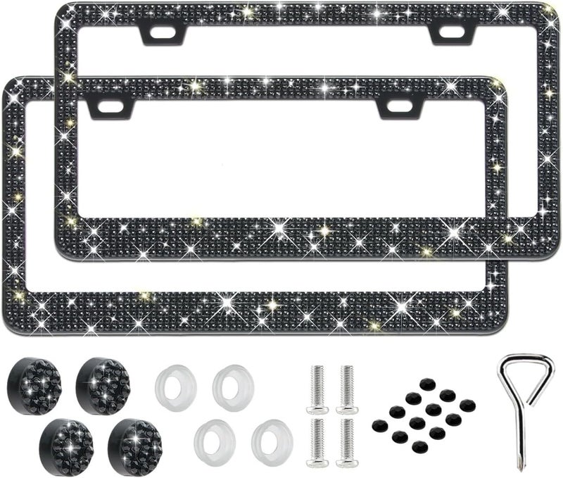 RunOne 2 Pack Bling License Plate Frame for Women,Sparkly Rhinestone Stainless Steel License Plate Holder,Car Accessories with Glitter Crystal Caps (Black) - Image 1