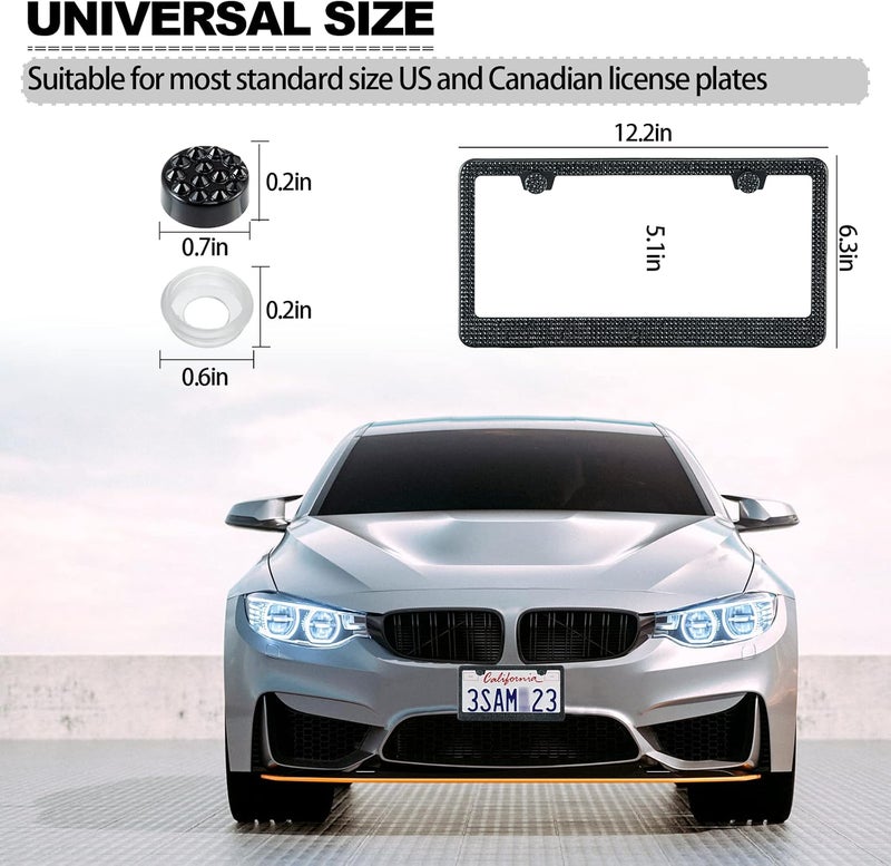 RunOne 2 Pack Bling License Plate Frame for Women,Sparkly Rhinestone Stainless Steel License Plate Holder,Car Accessories with Glitter Crystal Caps (Black) - Image 5