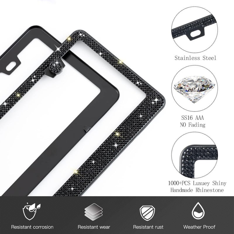 RunOne 2 Pack Bling License Plate Frame for Women,Sparkly Rhinestone Stainless Steel License Plate Holder,Car Accessories with Glitter Crystal Caps (Black) - Image 2