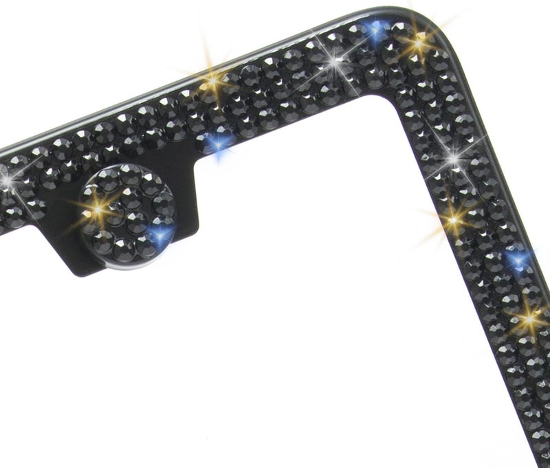 RunOne 2 Pack Bling License Plate Frame for Women,Sparkly Rhinestone Stainless Steel License Plate Holder,Car Accessories with Glitter Crystal Caps (Black) - Image 3