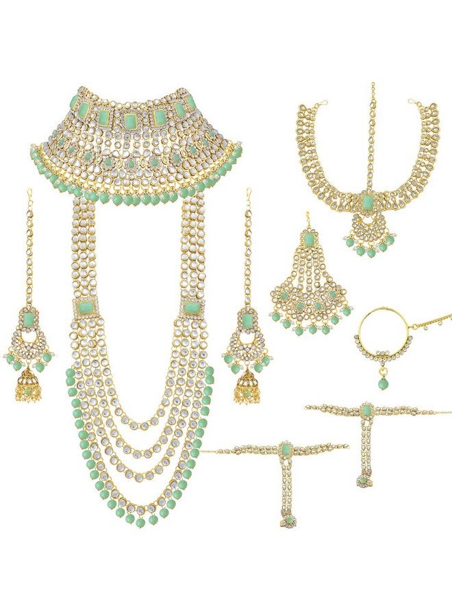 Peora Ethnic Indian Traditional Gold Plated Kundan Dulhan Bridal Jewellery Set with Choker Earrings Maang Tikka Hathphool for Women (Mint) - Image 1
