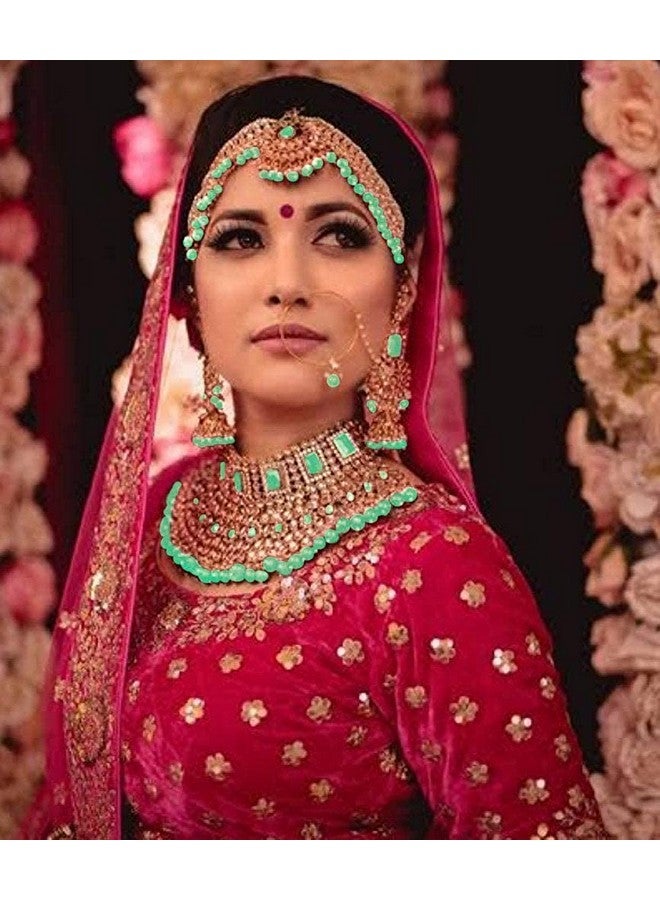 Peora Ethnic Indian Traditional Gold Plated Kundan Dulhan Bridal Jewellery Set with Choker Earrings Maang Tikka Hathphool for Women (Mint) - Image 3