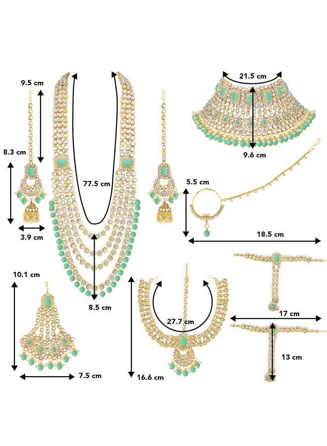 Peora Ethnic Indian Traditional Gold Plated Kundan Dulhan Bridal Jewellery Set with Choker Earrings Maang Tikka Hathphool for Women (Mint) - Image 5