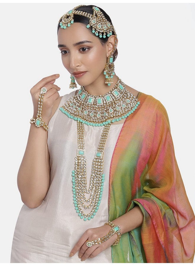 Peora Ethnic Indian Traditional Gold Plated Kundan Dulhan Bridal Jewellery Set with Choker Earrings Maang Tikka Hathphool for Women (Mint) - Image 2
